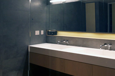 Minimalist master gray tile and porcelain tile light wood floor bathroom photo in New York with flat-panel cabinets, an integrated sink and solid surface countertops