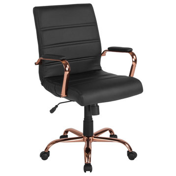Black Faux Leather Adjustable Height Mid-Back Swivel Chair with Rose Gold Frame