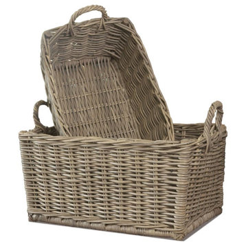 Set of 2 Large Rattan Cane Storage Baskets Laundry with Handles Gray 25 in