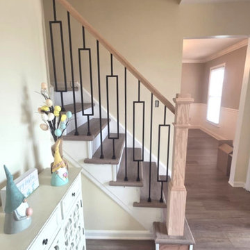 Indoor Railing Installation with Red Oak T-Rail, Box Newels & Black Window Balus