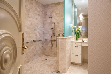 Example of a mid-sized trendy marble floor walk-in shower design in Jacksonville with marble countertops