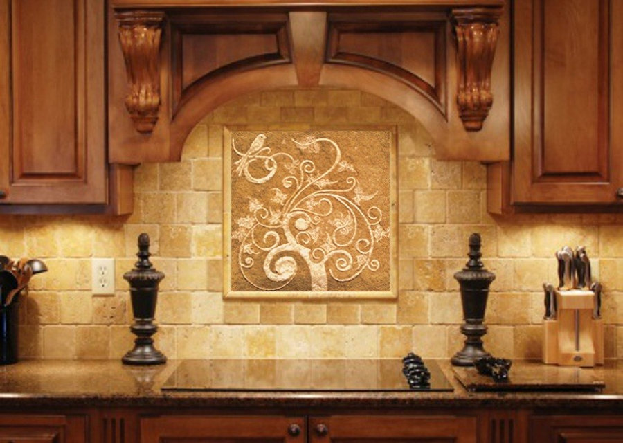 Kitchen Tiles - "Tree of Life" tumbled Marble carving w/tumbled marble