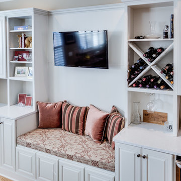 White Multi-Purpose Bar Desk Entertainment Center and Cabinet Seating Area