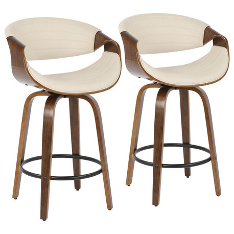 Symphony Counter Stool, Set of 2, Walnut Wood/Cream PU/Black Metal