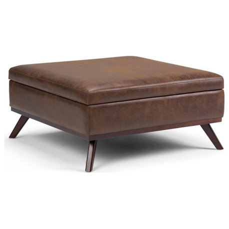 Simpli Home Owen Faux Air Leather Square Coffee Table Ottoman in Chestnut Brown