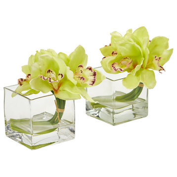 Cymbidium Orchid Artificial Arrangement in Glass Vase, 2-Piece Set, Green