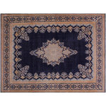 Bareens Designer Rugs - Distressed Soria Blue/Brown Wool Rug - 9'10'' x 12'8'' - A mesmerizing addition to any decor, this brand-new hand knotted vintage wool rug featuring vibrant colors and a traditional design is made by skilled artisans capable of creating the most exceptional Persian knotted rugs. Harnessing the natural energy of the sun, each rug is organically neutralized from its original color, distressed and then saturated in an infusion of a bold vibrant color pallet to give it a fresh perspective and modern appeal. This masterpiece draws its inspiration from traditional and timeless rug designs, which provides both harmony and contrast bringing a phenomenal twist in any decor. An intricate design and exquisite coloration make this wool rug a standout piece for any room.