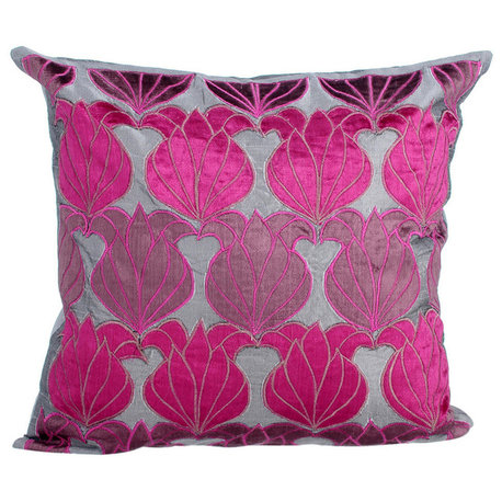 Floral 18"x18" Silk Silver Decorative Pillows Cover, Fuchsia Lotus