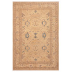 Bareens Designer Rugs - Shabby Chic Ziegler Emogene Tan Blue Hand-Knotted Wool Rug - 5'11'' x 8'10'' - Enhance the ambiance of your home with this magnificent Persian-influenced Turkish hand-knotted rug made by skilled artisans capable of creating the most exceptional vegetable dyes and hand-spun wool. This exquisite handmade rug is a one-of-a-kind Peshawar Kafkaz, otherwise identified as Chobi, Chobi Peshawar, Oushak, or Ziegler rug. These handmade rugs are crafted in Pakistan utilizing superior-quality wool imported from Australia, New Zealand, and Korea in two types of weaves: the Persian weave and the Mori weave. This rug is meticulously crafted by hand using the finest natural vegetable dyes extracted from local plants. The artisans use a blend of hand-spun local and fine merino wool, resulting in a rug with a compelling texture, higher lanolin content, and longer staple. The artisans occasionally incorporate natural or artificial silk into the pile to enhance specific motifs. The finished product is an awe-inspiring execution of flawless design and an understated palette that exudes elegance.