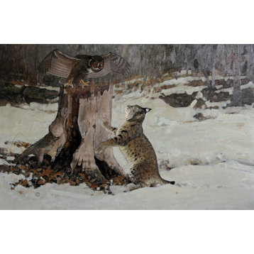 Marcel Bordei, Back Off, Owl And Bobcat, Oil Painting