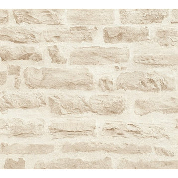 Best of Wood'n Stone, Modern Wood Stone Brick Dark Cream Wallpaper Roll