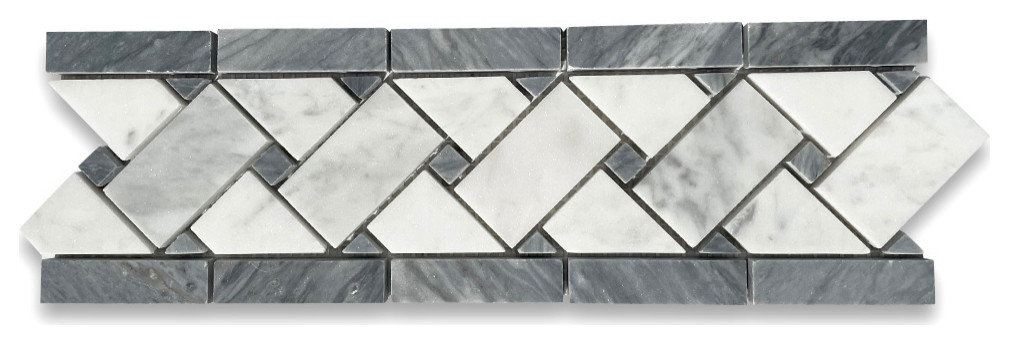 Carrara Venato Marble Basketweave Mosaic Border Dark Gray Dots Honed, 1 sheet