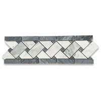 Carrara Venato Marble Basketweave Mosaic Border Dark Gray Dots Honed, 1 sheet