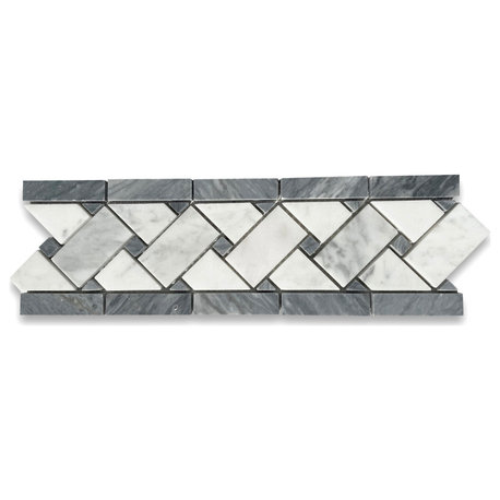 Carrara Venato Marble Basketweave Mosaic Border Dark Gray Dots Honed, 1 sheet