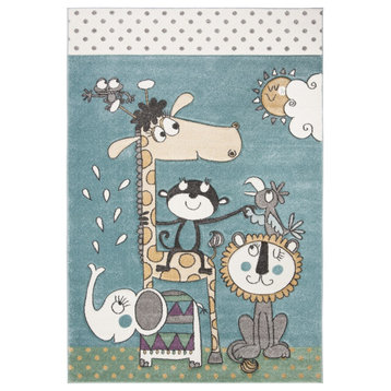 Safavieh Carousel Kids Area Rug, CRK185, Ivory and Blue, 5'3"x5'3" Square