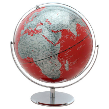 Polo Red World Globe - 12" Diameter, Red & Silver Finish, Chrome Metal Base