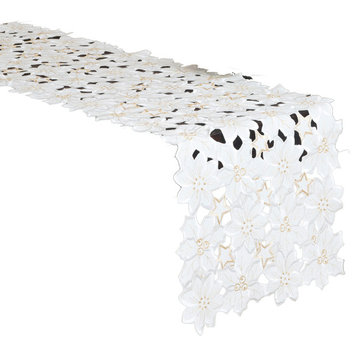 Flor Dee Navidad Embroidered and Cutwork Table Runner, Ivory