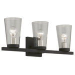 Livex Lighting - Cityview 3 Light Black With Brushed Nickel Accents Vanity Sconce - Brighten up your bathroom vanity with the sleek look of the Cityview three light vanity sconce. The tapered clear glass shades and the black finish make a perfect match.