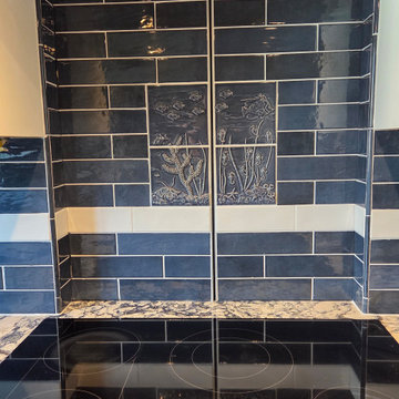 Blue and White Kitchen with Tiled Pass Through