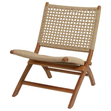 Contemporary Folding Accent Chair, Slanted Wood Frame and Woven Seat, Light Brown