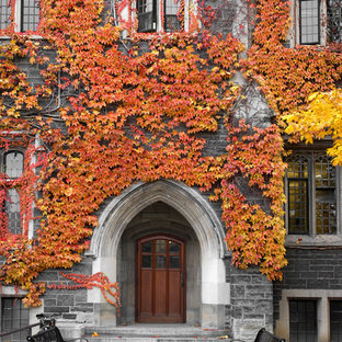 Immagine di una porta d'ingresso tradizionale con pareti grigie, pavimento in cemento, una porta singola, una porta in legno scuro e pavimento grigio