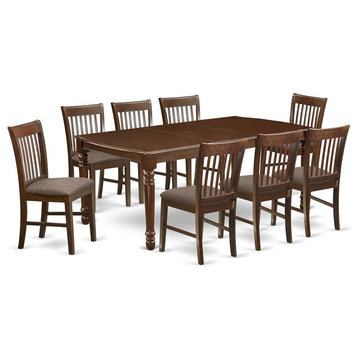 East West Furniture Dover 9-piece Wood Dining Set w/ Fabric Chairs in Mahogany