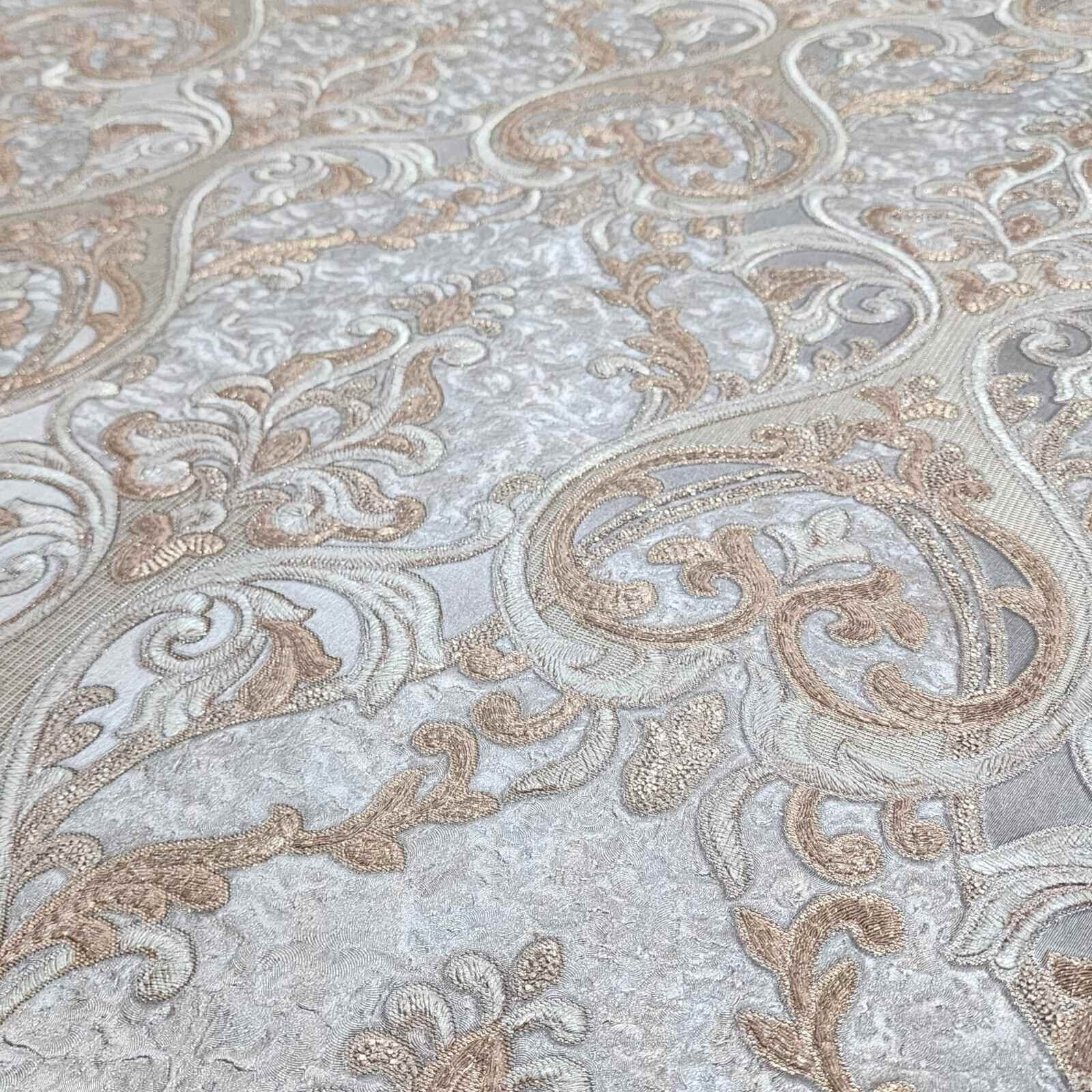 Victorian dark gray bronze gold metallic ogee damask textured Wallpaper ...