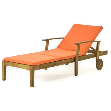 Patio Chaise Lounge, Teak Finished Acacia Frame With Wheels and Orange Cushion