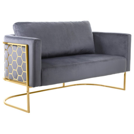 Casa Velvet Upholstered Loveseat, Grey, Gold Finish