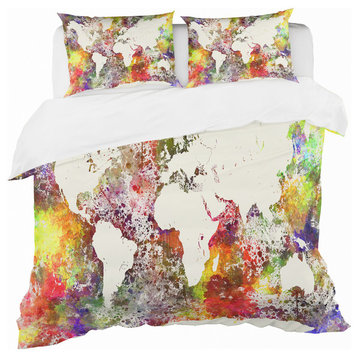 World Map in Great Colors Watercolor Map Duvet Cover, Twin
