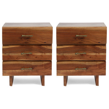 Jefferson Handcrafted Boho Acacia Wood 3 Drawer Nightstand, Set of 2
