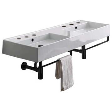 Double Ceramic Wall Mounted Sink With Matte Black Towel Holder, Six Hole