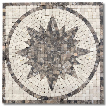 Compass Emperador Crema Marble Medallion Micro Mosaic Tile Tumbled, 1 piece