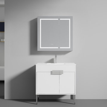Freestanding Bathroom Vanity with Sink, Wood Bathroom Vanity Cabinet, Matte White, 36"