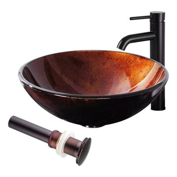 Tempered Bathroom Glass Vessel Sink and Faucet Drain Set, Style B