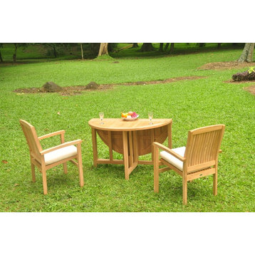 3-Piece Outdoor Teak Dining Set: 48" Butterfly Table, 2 Wave Stacking Arm Chairs