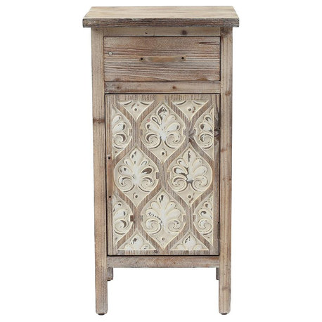 Damask Carved Wood 1-Door 1-Drawer End Table with Storage