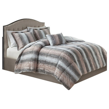 Madison Park Zuri Long Faux Fur 4-Piece Comforter Set, Blush/Grey Stripe, King