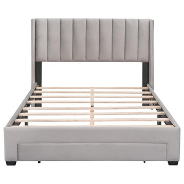 Contemporary Platform Bed, Channel Velvet Headboard & Large Drawer, Gray/Queen