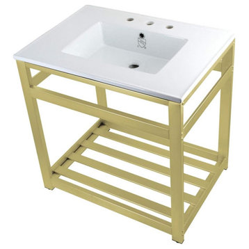 Modern Bathroom Console Sink, Metal Base With Ceramic Basin, Brushed Brass