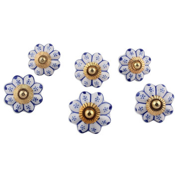 Lapis Flowers Ceramic Knobs, Set of 6