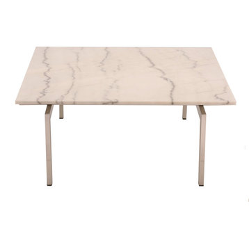 Louve Square Coffee Table, Marble Square Coffee Table, Brushed Stainless Steel,