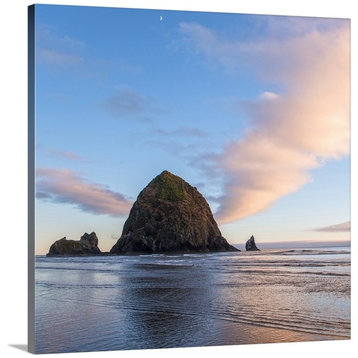 "Haystack Rock at Sunset with Moon, Cannon Beach, Oregon - Square" Wrapped Ca