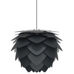 UMAGE - Aluvia Plug-In Pendant, Anthracite/Black, Medium - Modern. Elegant. Striking. The VITA Aluvia is an artistic assemblage of 60 precision-cut aluminum leaves, overlapping each other on a durable polycarbonate frame. These metal leaves surround the light source, emitting glare-free, ambient light.  The underside of each leaf is painted white for increased light reflection, and the exterior is finished in one of two different colors: subtle Pearl or dramatic Anthracite. Available in two sizes, the Medium (18.9"H x 23.3"W) can be used as a pendant or hanging wall lamp, while the Mini (11.8"H x 15.7"W) is available as a pendant, table lamp, floor lamp or hanging wall lamp. Hang it over the dining table, position it in a corner, or use as a statement piece anywhere; the Aluvia makes an artistic impact in any room.
