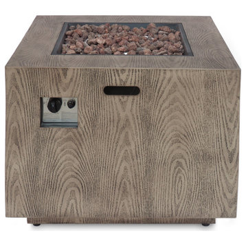 GDF Studio Jasmine Outdoor Dark Gray Finish Iron 33" Square Fire Pit, 50,000 BTU, Brown Wood Pattern