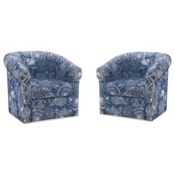 Home Square 2 Piece Swivel Coastal Wood Upholstered Club Chair Set in Blue