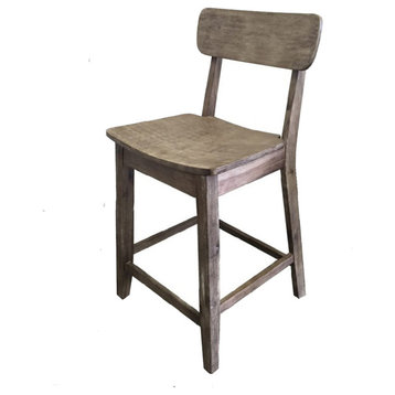 Curved Seat Wooden Frame Counter Stool With Cut Out Backrest, Gray