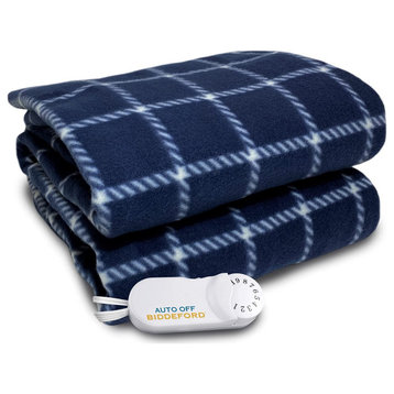 Biddeford Comfort Knit Fleece Electric Heated Warming Throw Blanket Navy Cream