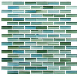 Contemporary Mosaic Tile Rip Curl Green and Blue Hand Painted Glass Mosaic Subway Tile, 10 Square Feet
