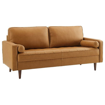 Modway Valour 73" Modern Top Grain Leather Upholstered Sofa in Tan